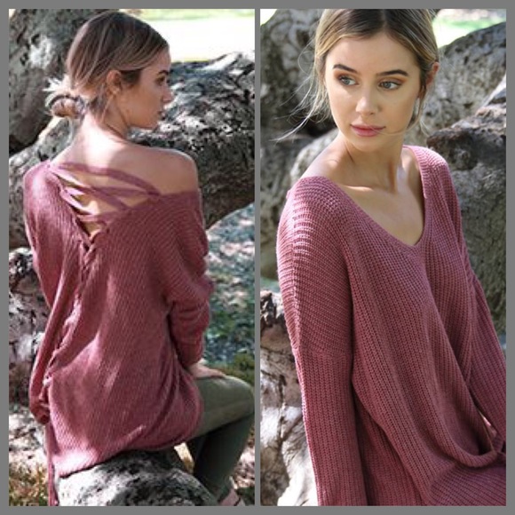 NEW  Mauve Lace-Up Back Sweater - Picture 2 of 4